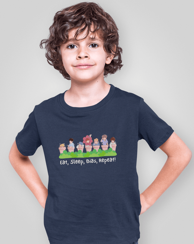 Eat, Sleep, Bias, Repeat Kids T-shirt - Koral Dusk